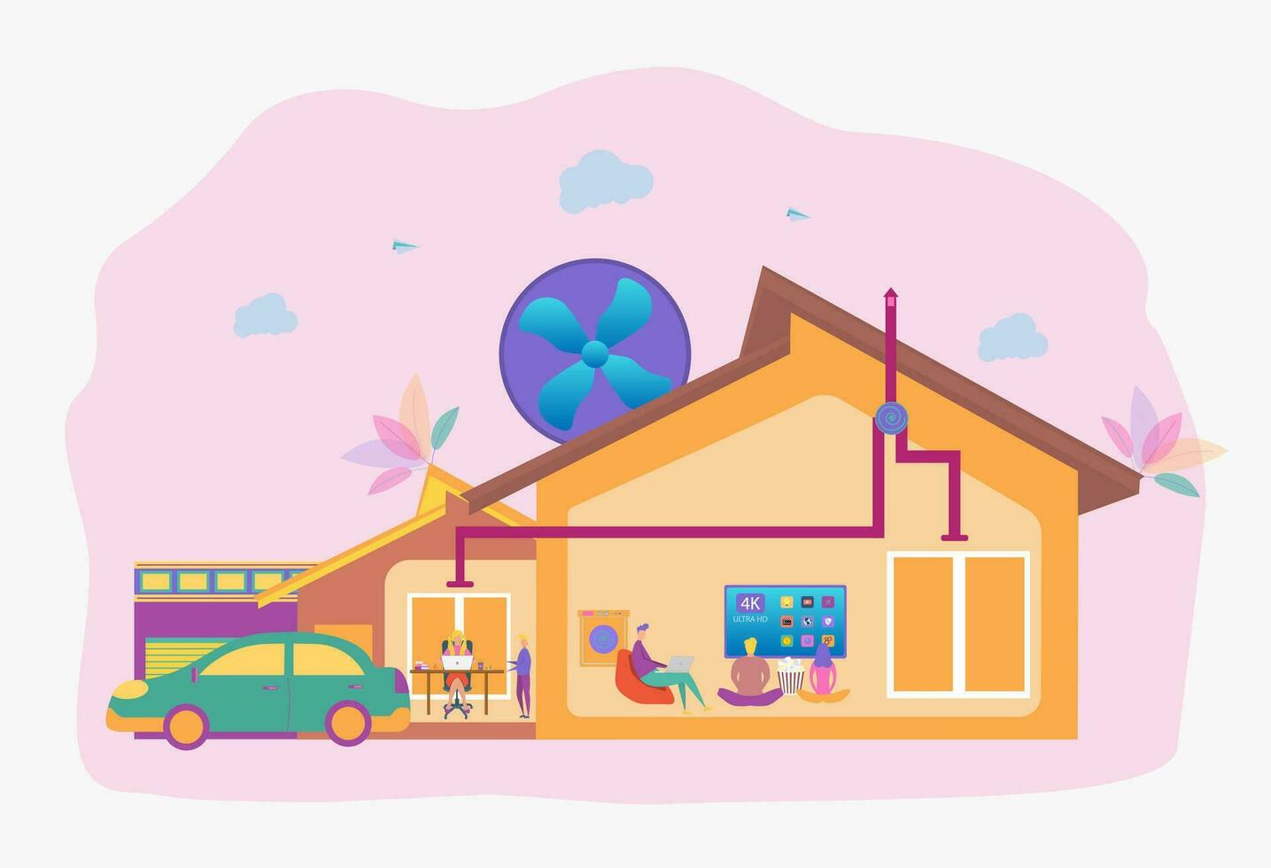 People in the house with an air ventilation system. Ventilation system, ventilation with energy recovery, the concept of cleaning the ventilation system. Colorful vector illustration