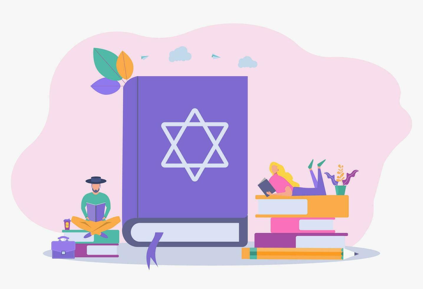 Jews read about religion. Holy Book of Torah Judaism, Jewish beliefs about Jesus. Colorful vector illustration