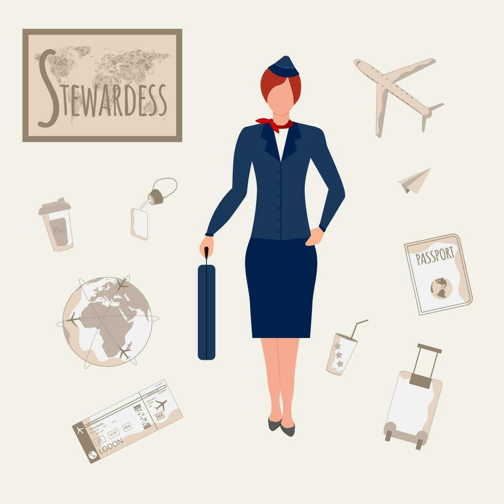 Colorful vector alphabet. Book of professions. Profession Stewardess. Letter S