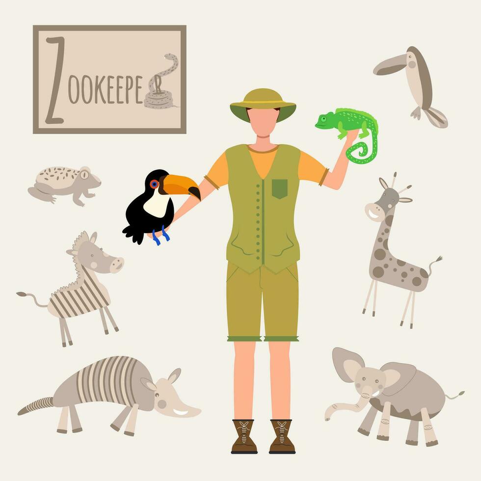 Colorful vector alphabet. Book of professions. Profession Zookeeper. Letter Z