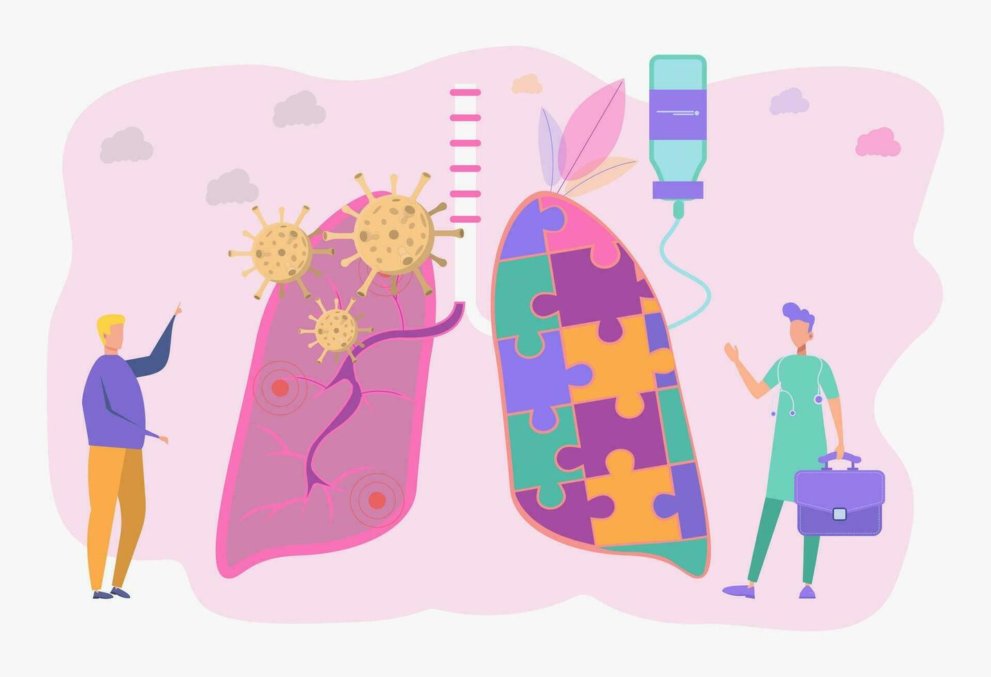 Infected planet. The concept of diagnosis and treatment of coronavirus COVID-2019. Doctors diagnose the deadly type of 2019 nKoV virus. Little scientists study the virus. Colorful vector illustration.