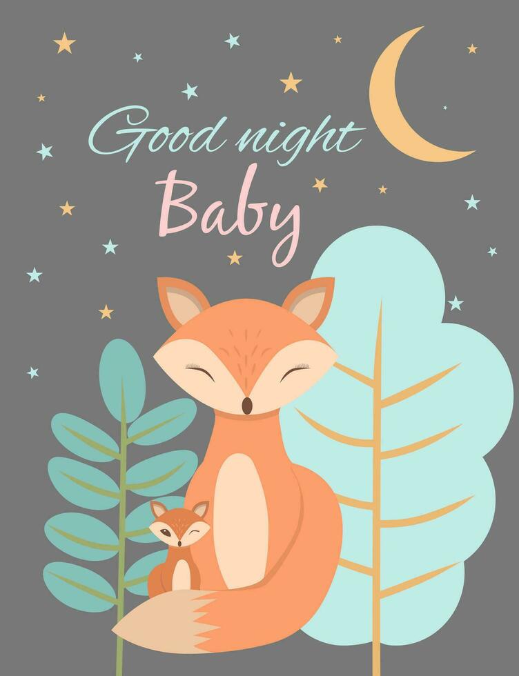 Baby cards for baby shower. Foxes are sleeping. Template cards or parties on a dark background with adorable animals. vector