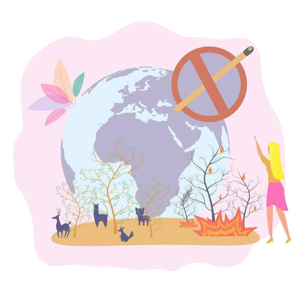 Global warming, Earth's climate change, rising temperatures. Numerous fires, destruction of flora and fauna, floods and uroganes. Colorful vector illustration.