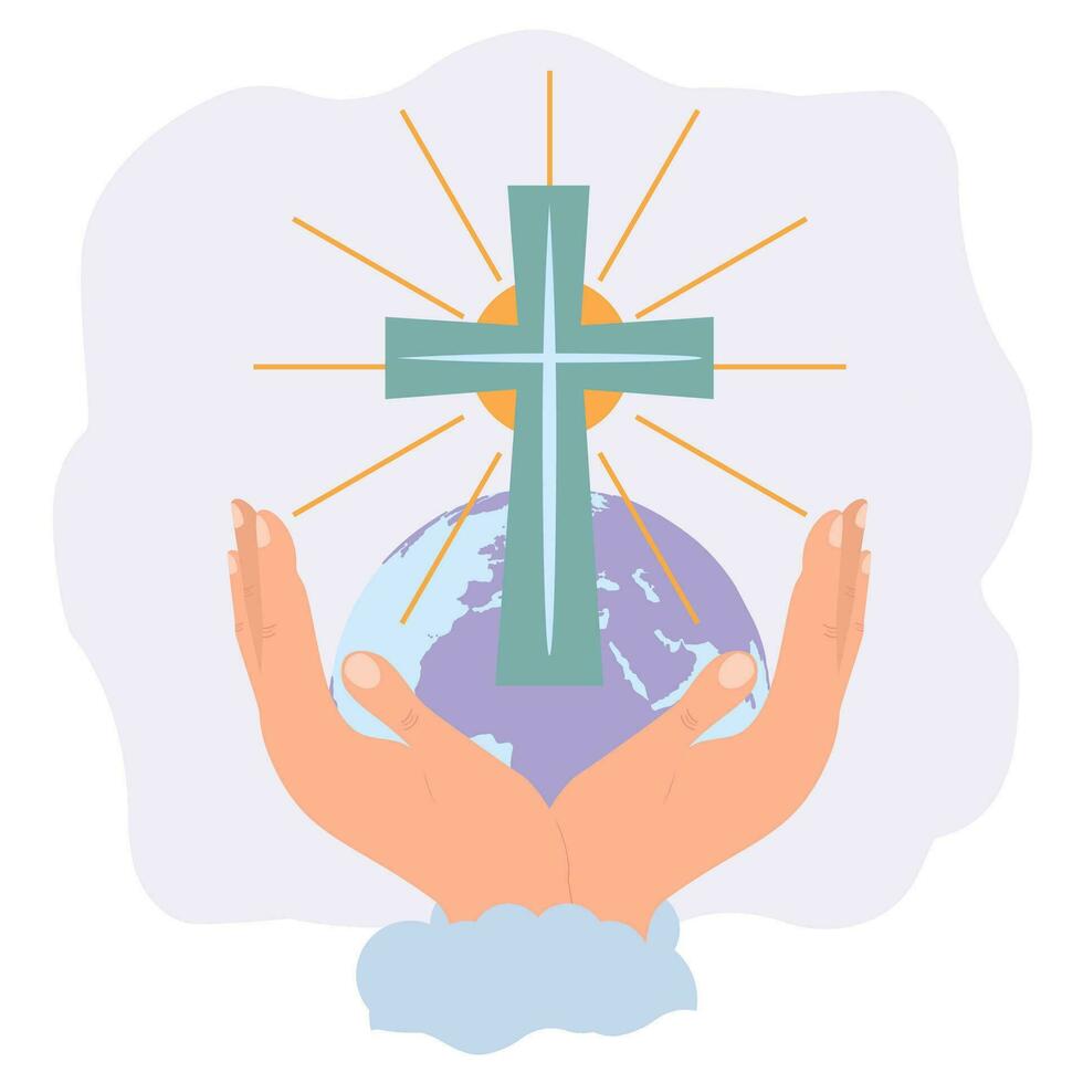 God's hands protect the planet. God gives people hope. The Bible, the word of God. Christianity. The number of believers is growing. Jesus Christ. Holy places. Bible study concept. Colorful vector