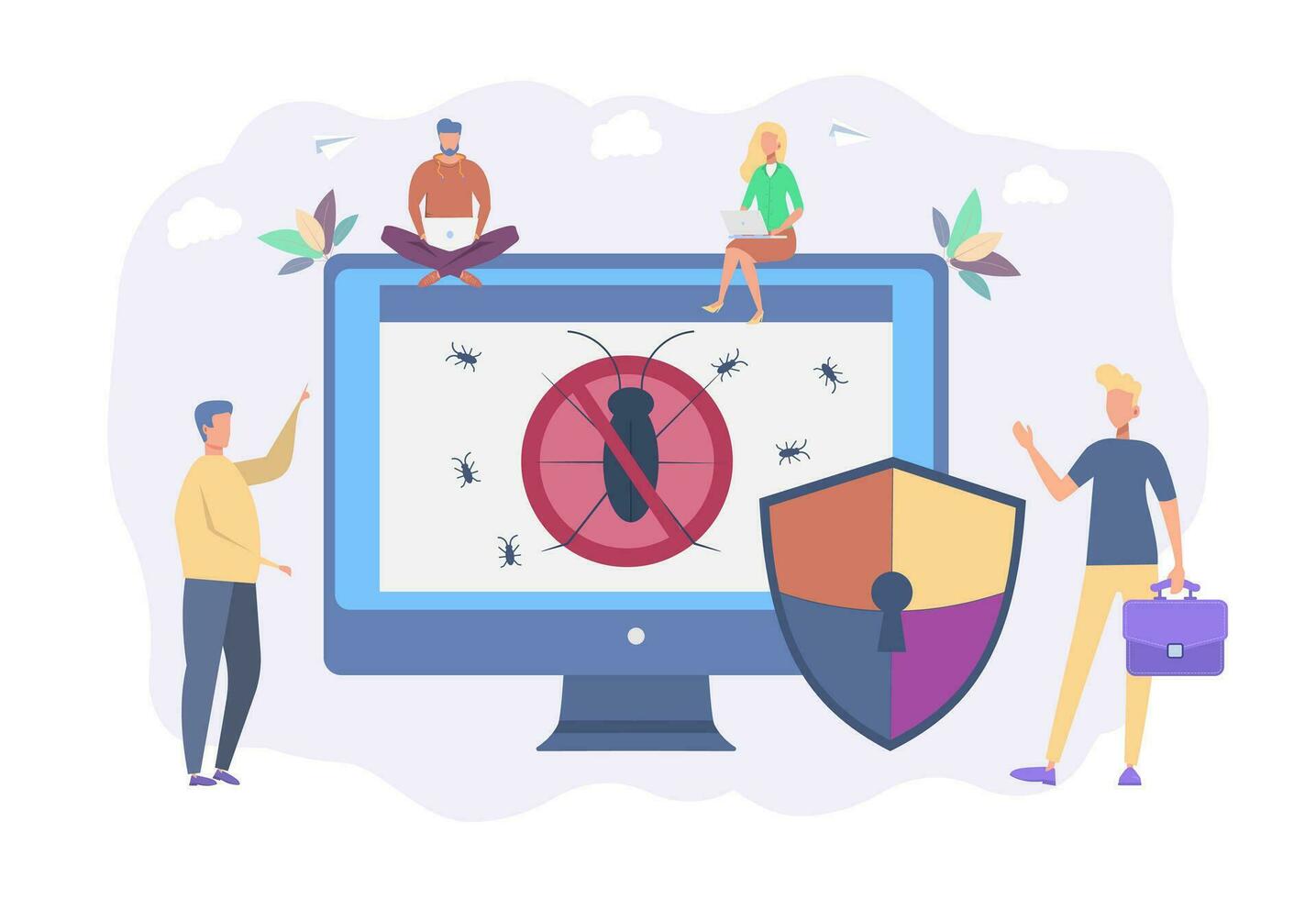 People on laptops are testing new software. Search for the virus. Beta testing or testing of a new product, antivirus sale concept. Colorful vector illustration