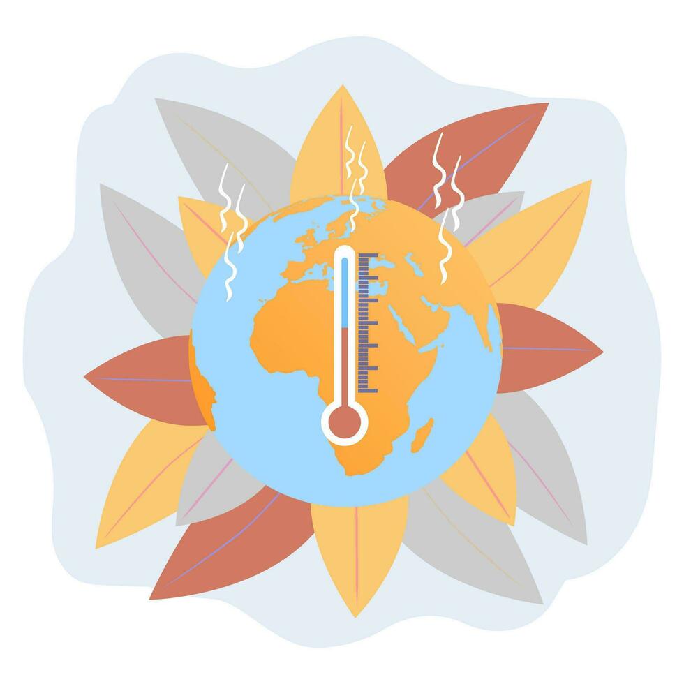 Global warming, Earth's climate change, rising temperatures. Numerous fires, destruction of flora and fauna, floods and uroganes. Colorful vector illustration.