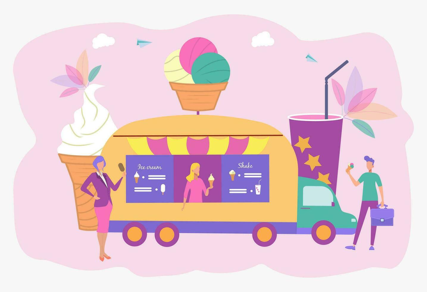 People eat ice cream and shake. Fast food on wheels. Street food, urban food truck, street food festival concept. Colorful vector illustration.