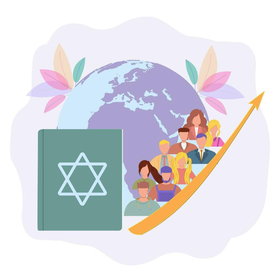 Jews read about religion. Holy Book of Torah Judaism, Jewish beliefs about Jesus. Colorful vector illustration
