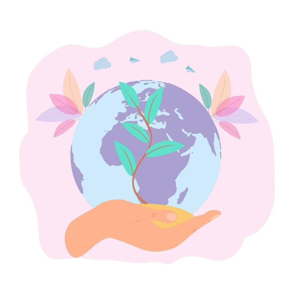 Save the planet from pollution, save the planet, small plant process, green energy, Earth Day concept. Colorful Vector Illustration