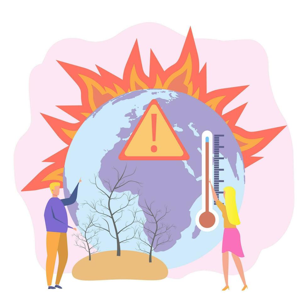 Global warming, Earth's climate change, rising temperatures. Numerous fires, destruction of flora and fauna, floods and uroganes. Colorful vector illustration.