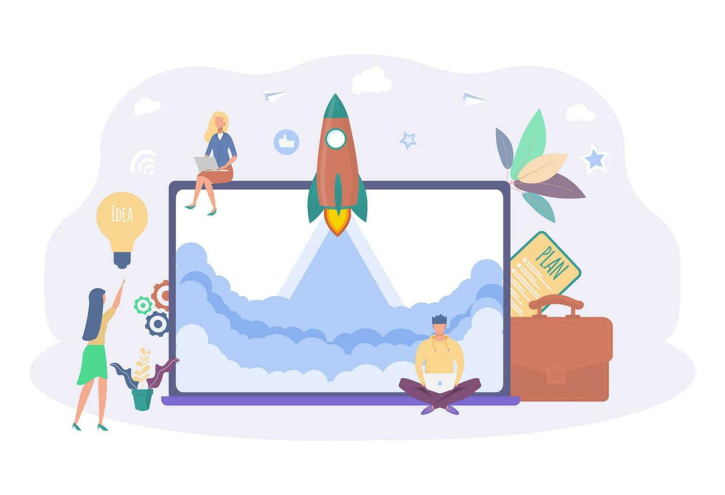 Business startup concept, people launch a spaceship, move up on motivation, way to achieve a goal, take off. Colorful vector illustration.