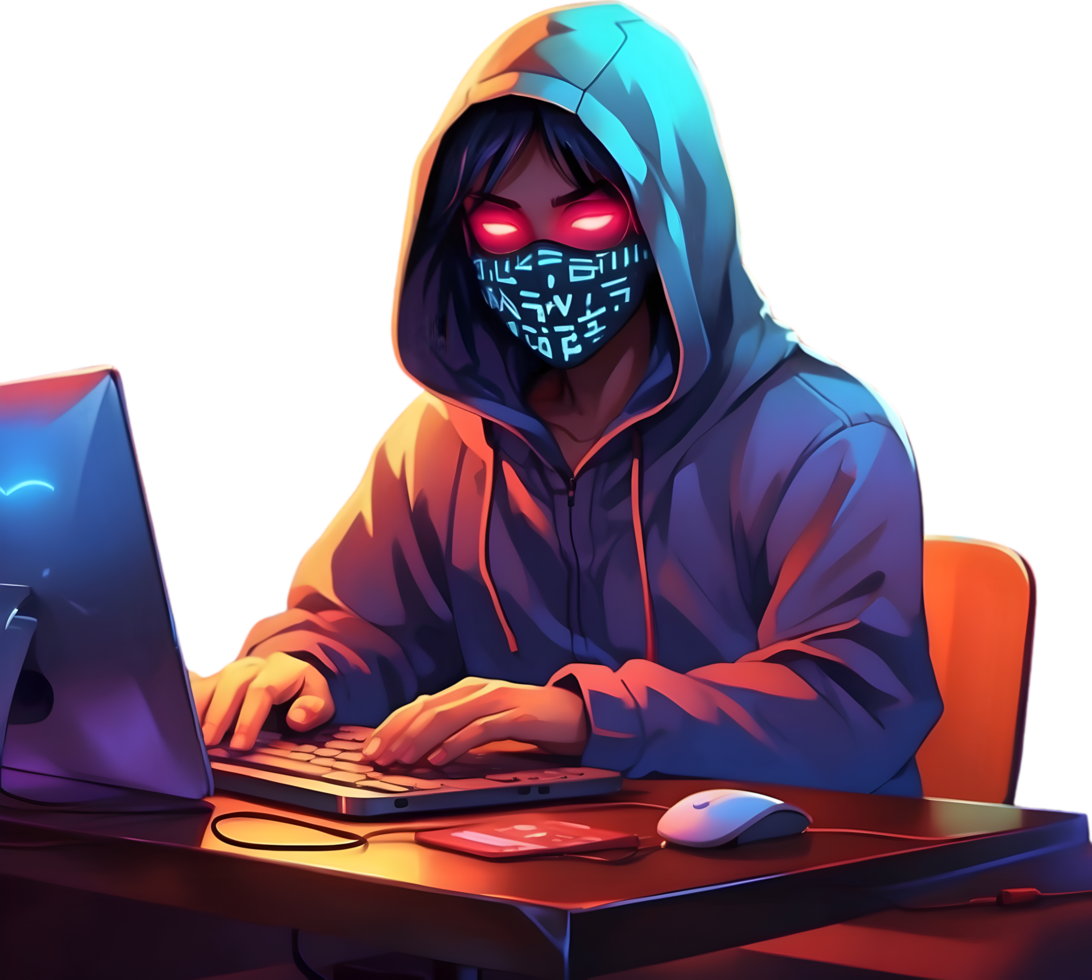 ai gerado uma homem vestindo uma moletom com capuz e mascarar é trabalhando em uma computador , hacker png