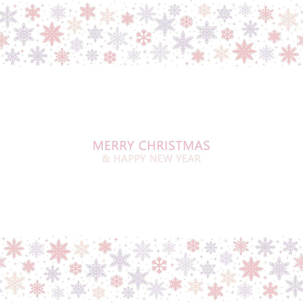 Pastel pink girly holiday greeting concept design, social media background, seamless repeating snowflake pattern border, Christmas card layout vector
