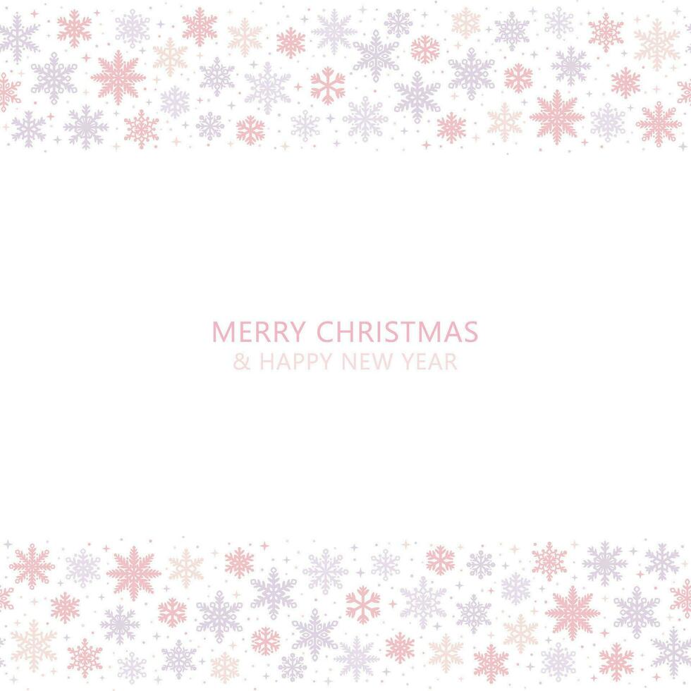 Pastel pink girly holiday greeting concept design, social media background, seamless repeating snowflake pattern border, Christmas card layout vector