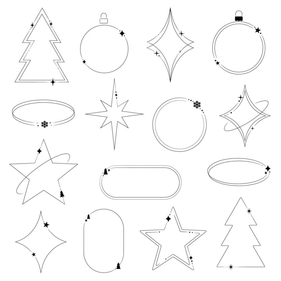 Minimalist aesthetic holiday line frames, nostalgic retro Christmas vector outlines, design set