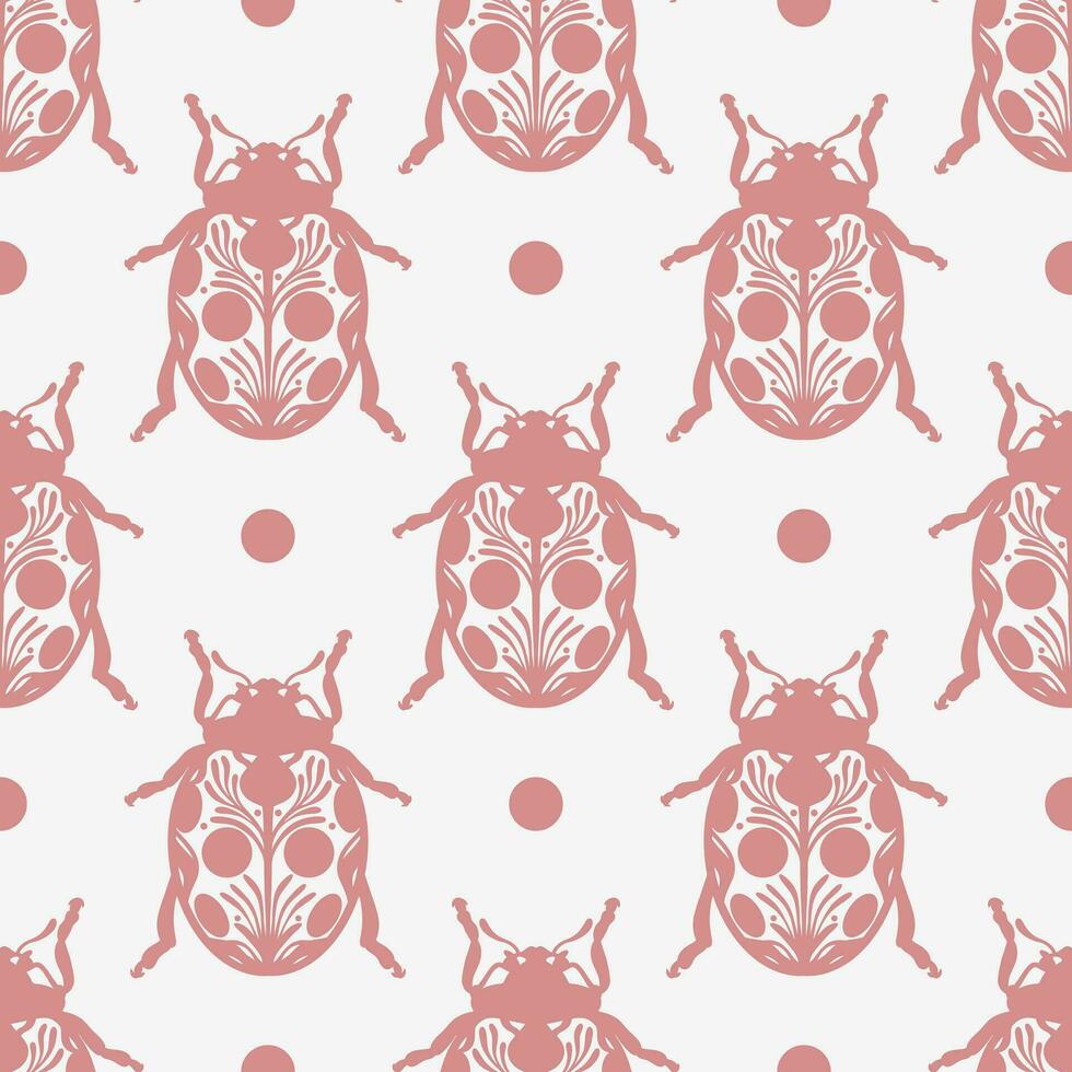Ladybug hand drawn beetle pattern seamless repeating backgorund, folk inspired vintage pattern with insect illustrations for wallpaper or fabric print design. vector