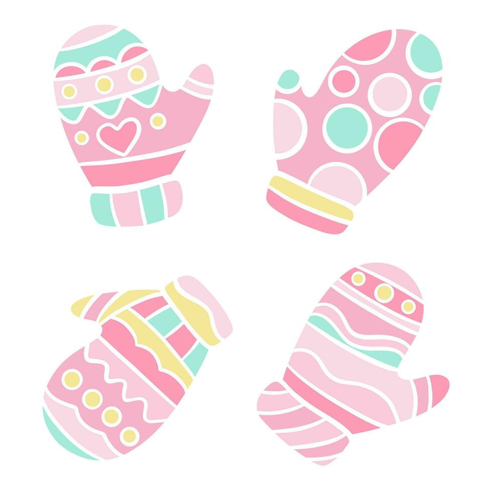 Cute pink hand drawn winter gloves, isolated illustration collection vector