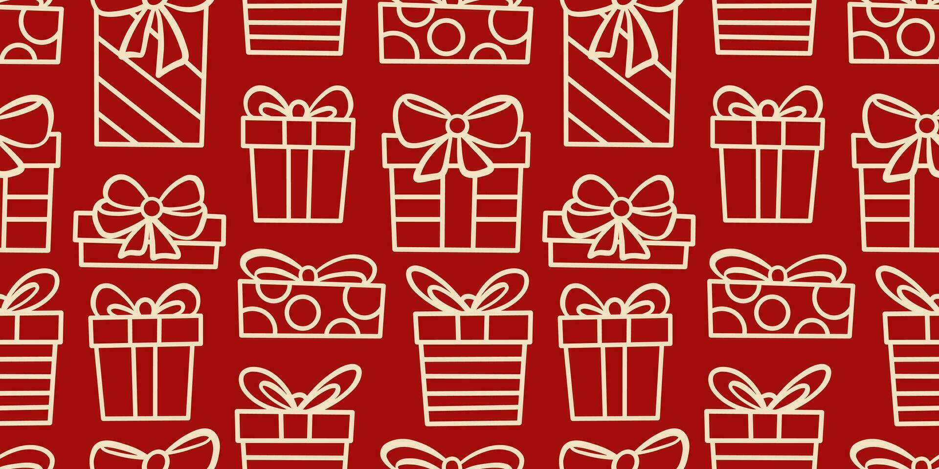 rojo Navidad presente vector modelo fondo, regalo caja sin costura repetir fondo de pantalla o textil imprimir, sencillo fiesta antecedentes con mano dibujado línea Arte elementos.