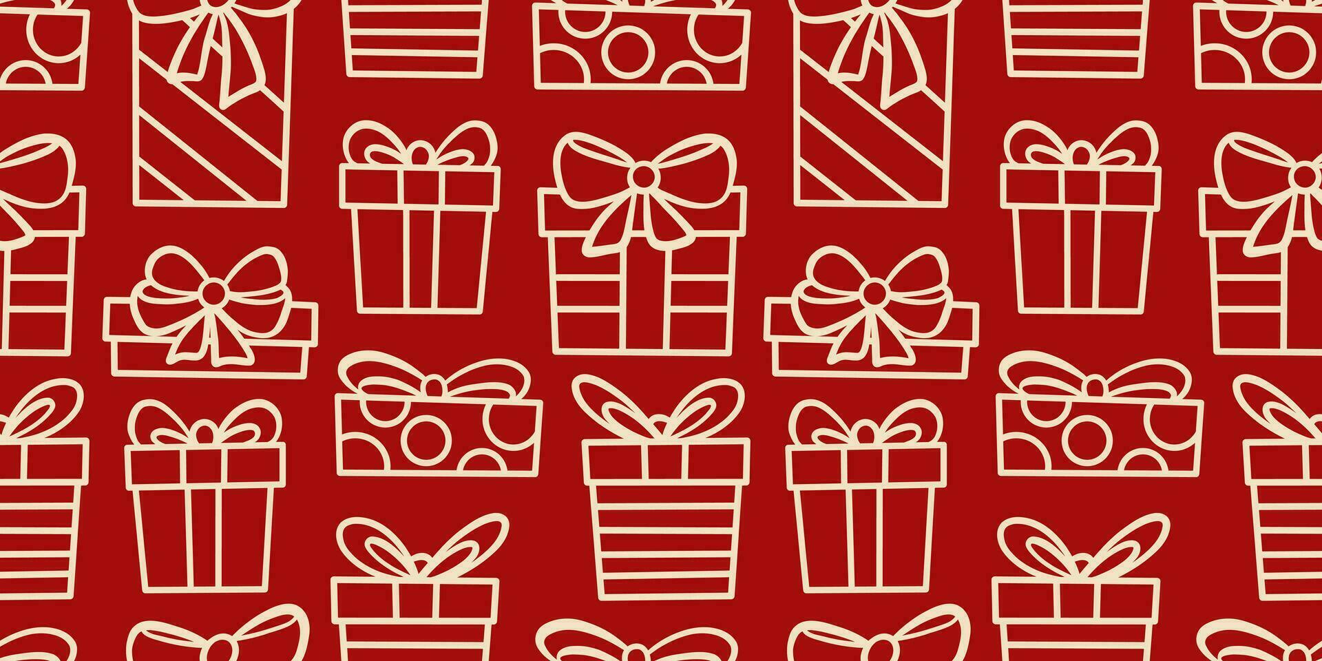 Red Christmas present vector pattern background, gift box seamless repeat wallpaper or textile print, simple holiday background with hand drawn line art elements.