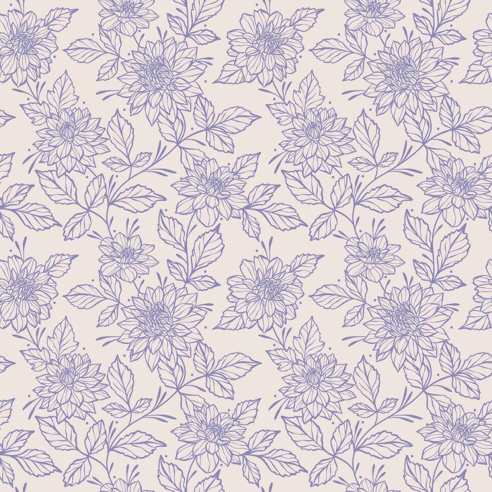Bicolor pastel floral vector seamless repeat pattern with dahlia illustrations, spring background. Elegant feminine line art flower illustration elements, continuous climbing vine print in purple and
