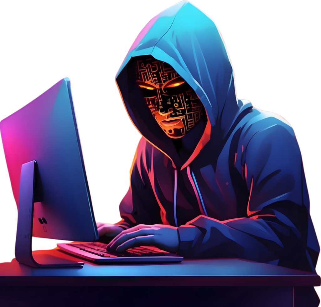 ai generiert ein Mann tragen ein Kapuzenpullover und Maske ist Arbeiten auf ein Computer , Hacker png