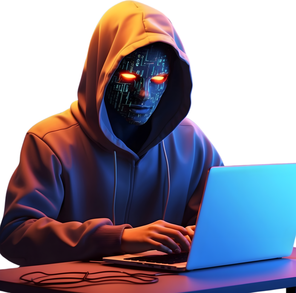 AI generated a man wearing a hoodie and mask is working on a computer