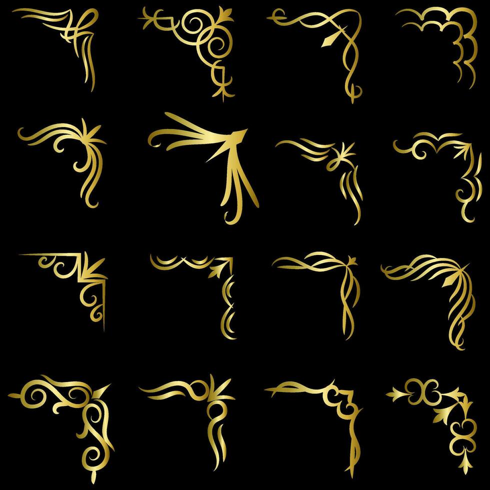 Gold vector illustration of decorative corner frame set. Hand Draw of Corners Different Shapes golden corner frame vintage frame decoration, Gold floral ornaments.