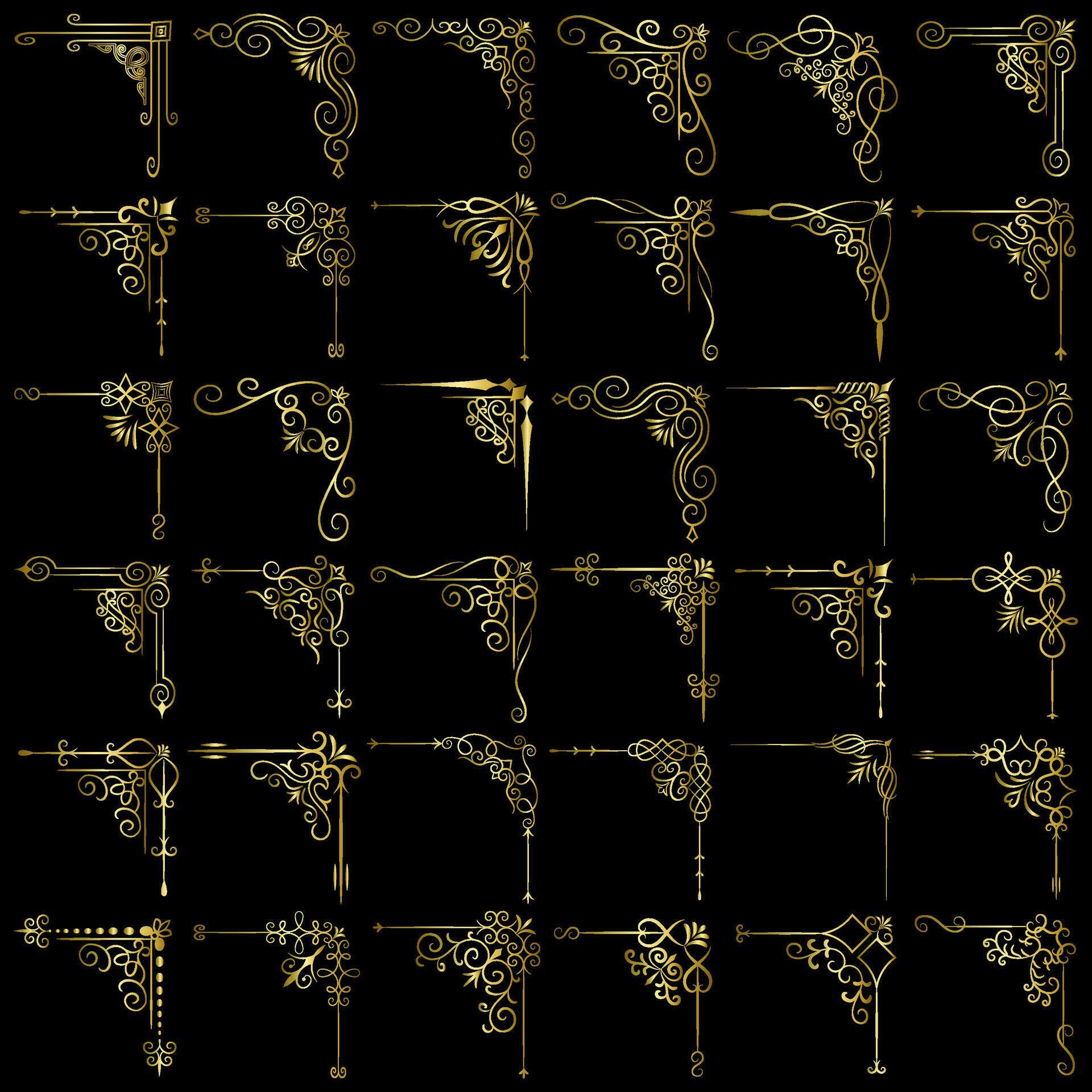 Gold vector illustration of decorative corner frame set. Hand Draw of