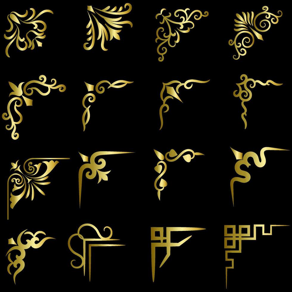 Gold vector illustration of decorative corner frame set. Hand Draw of Corners Different Shapes golden corner frame vintage frame decoration, Gold floral ornaments.