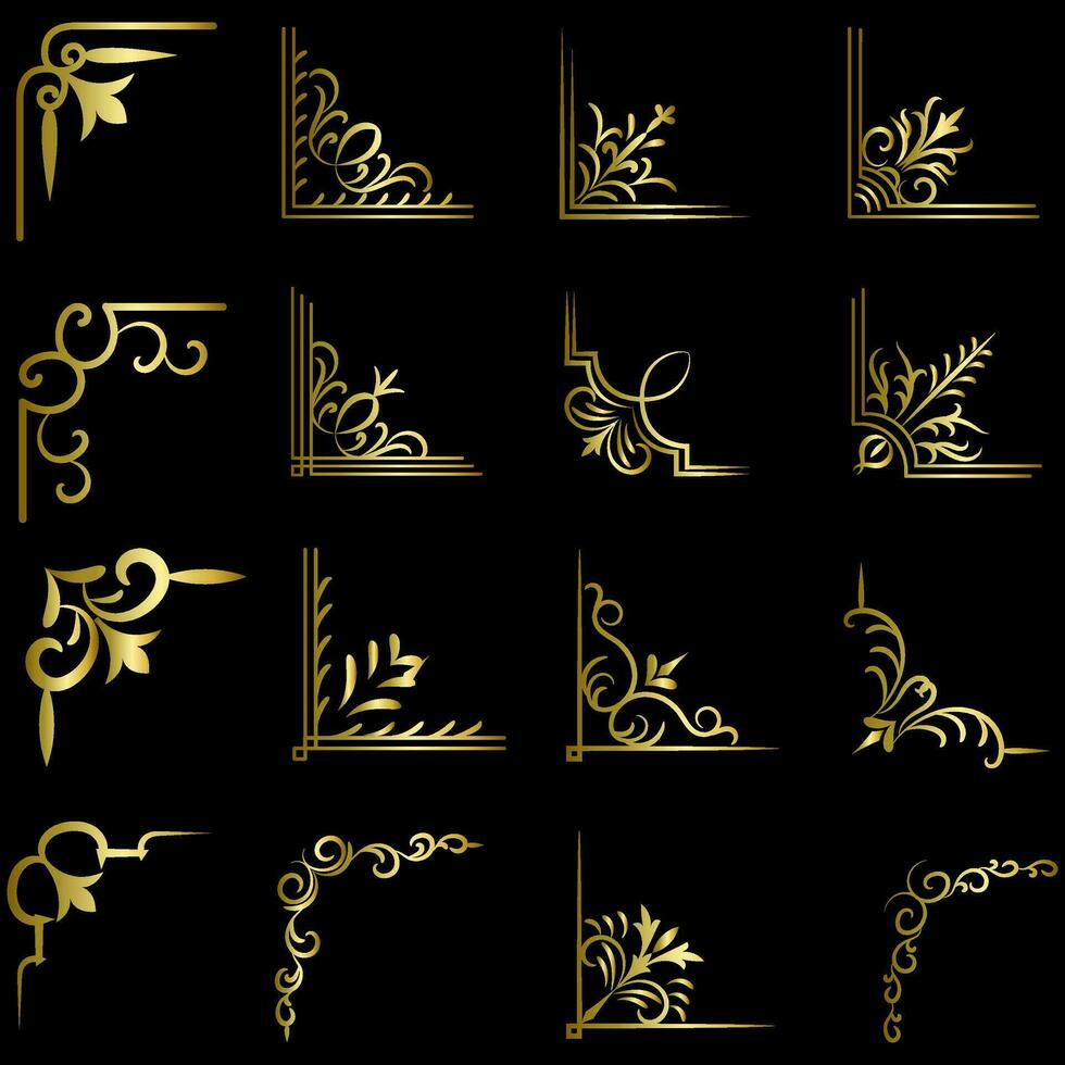 Gold vector illustration of decorative corner frame set. Hand Draw of Corners Different Shapes golden corner frame vintage frame decoration, Gold floral ornaments.