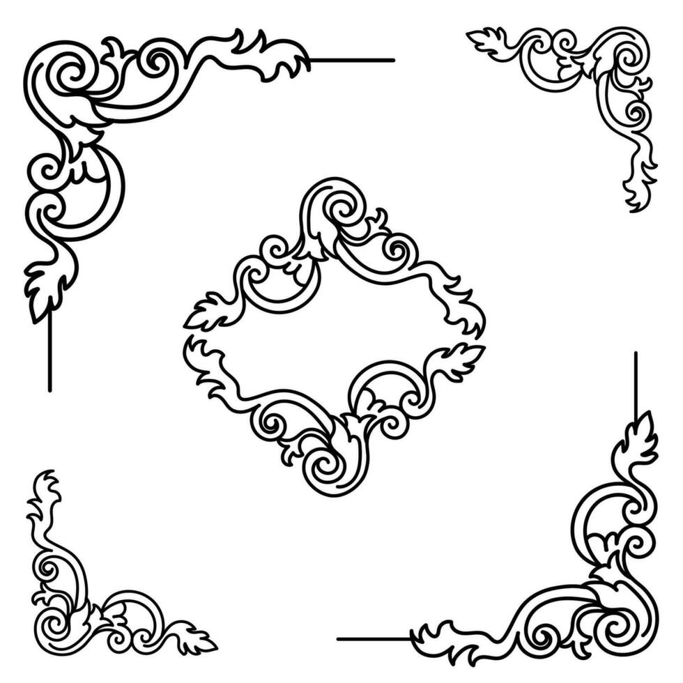 Vector illustration of decorative corner frame set. Hand Draw of Corners Different Shapes Flower Decoration Vector Design Doodle Sketch Style for Wedding and Banner.