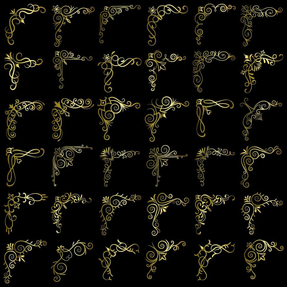 Gold vector illustration of decorative corner frame set. Hand Draw of Corner frame Different Shape golden corner frames vintage frame decoration, Gold floral ornaments.