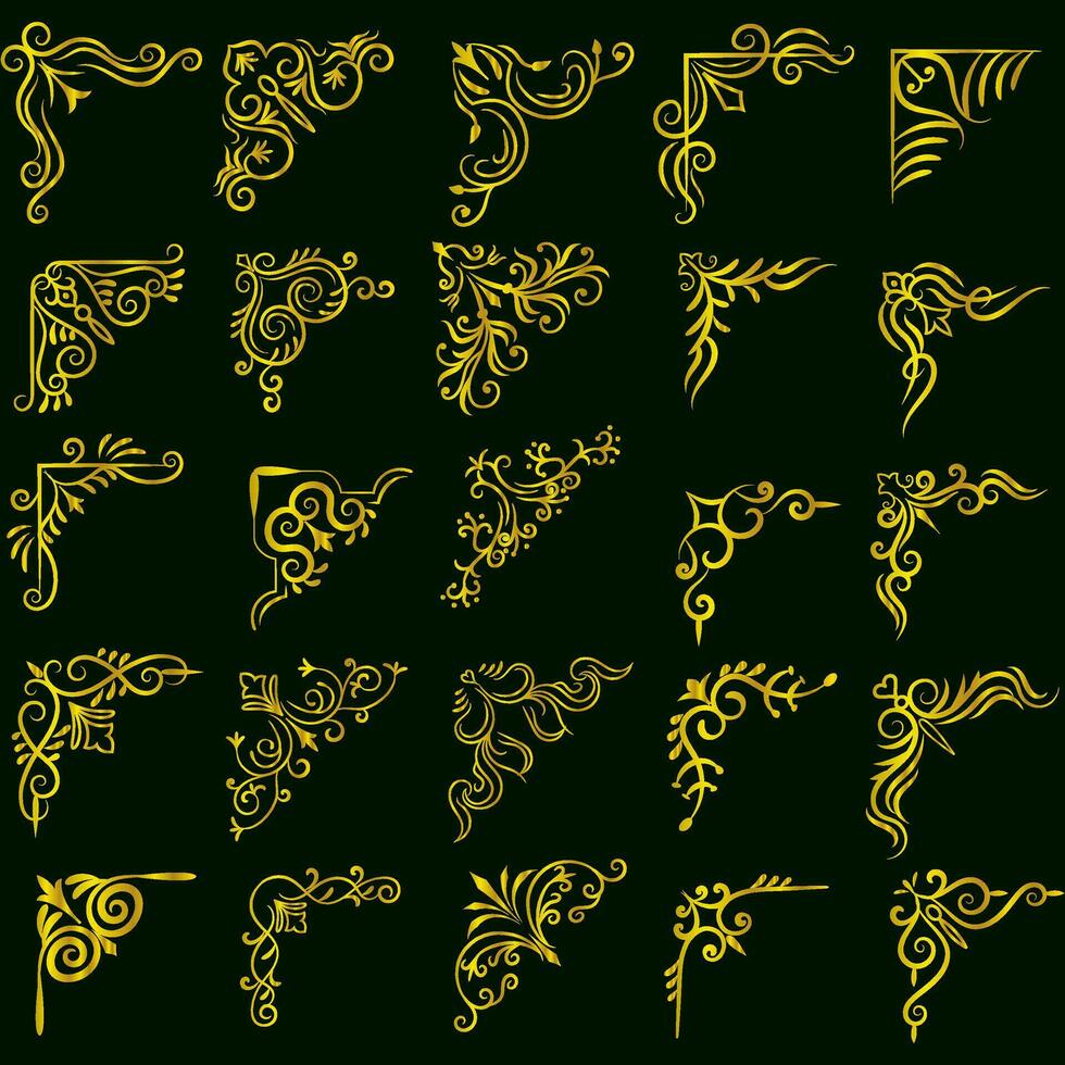 Gold vector illustration of decorative corner frame set. Hand Draw of Corners Different Shapes golden corner frame vintage frame decoration, Gold floral ornaments.