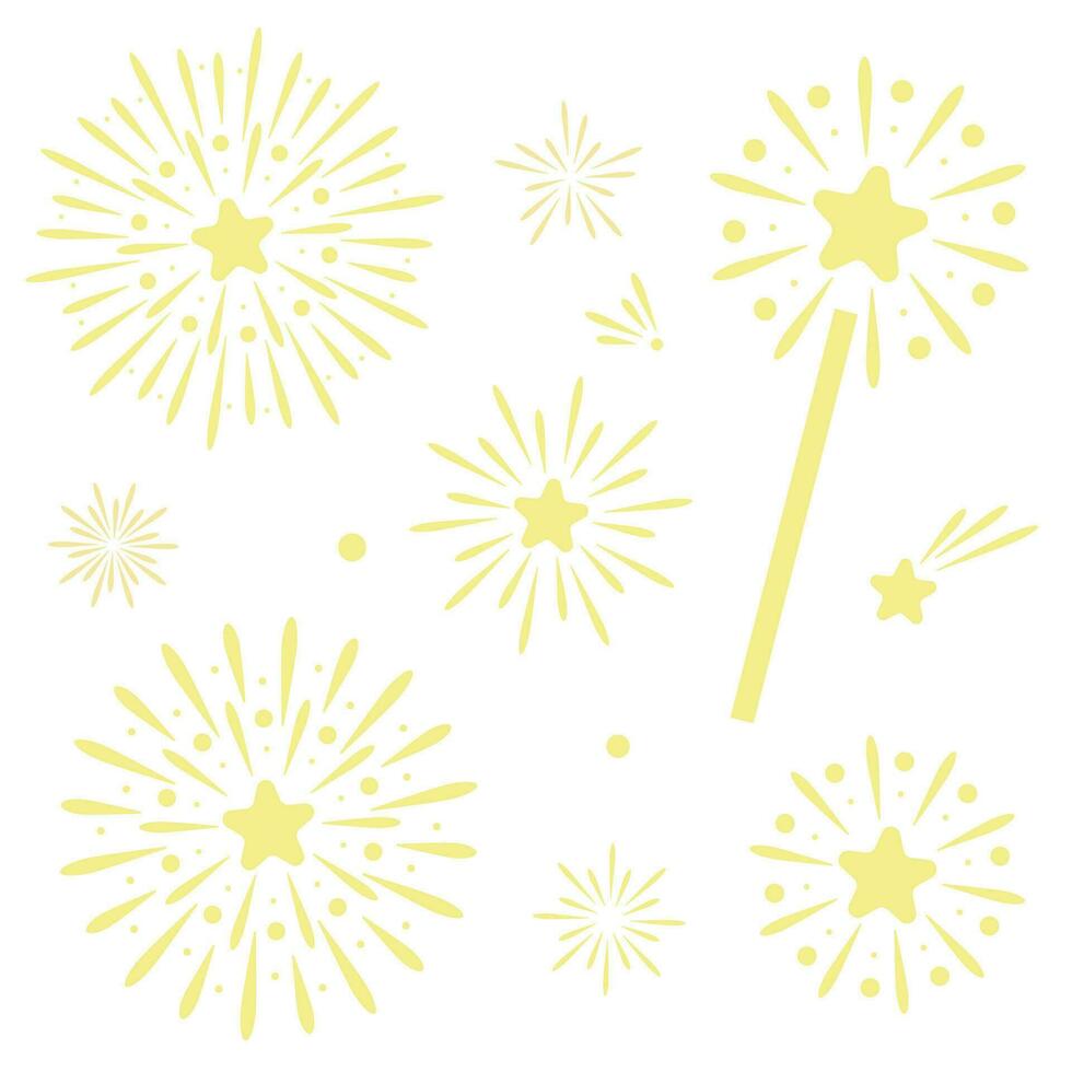 festivo fiesta acortar Arte ilustración colocar, vector Fuegos artificiales elementos, disparo estrella icono espumoso Starburst diseño
