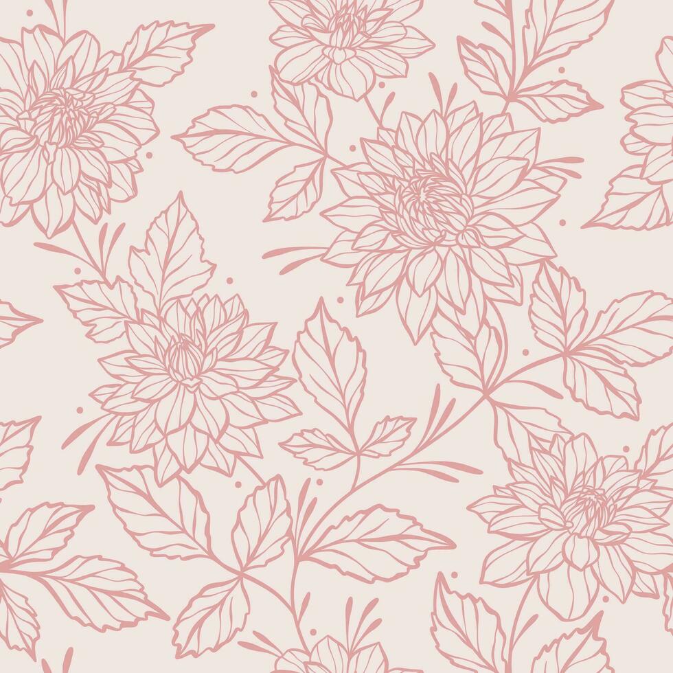 Elegant monochromatic pastel pink floral vector background with dahlia flowers, climbing vines seamless repeat pattern. Spring luxury feminine wallpaper with hand drawn line art botanical elements.