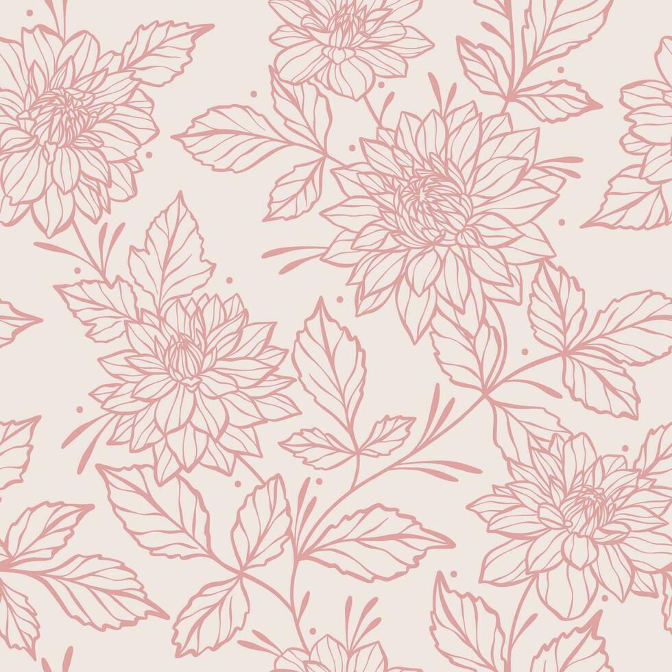 elegante monocromo pastel rosado floral vector antecedentes con dalia flores, alpinismo vides sin costura repetir modelo. primavera lujo femenino fondo de pantalla con mano dibujado línea Arte botánico elementos.