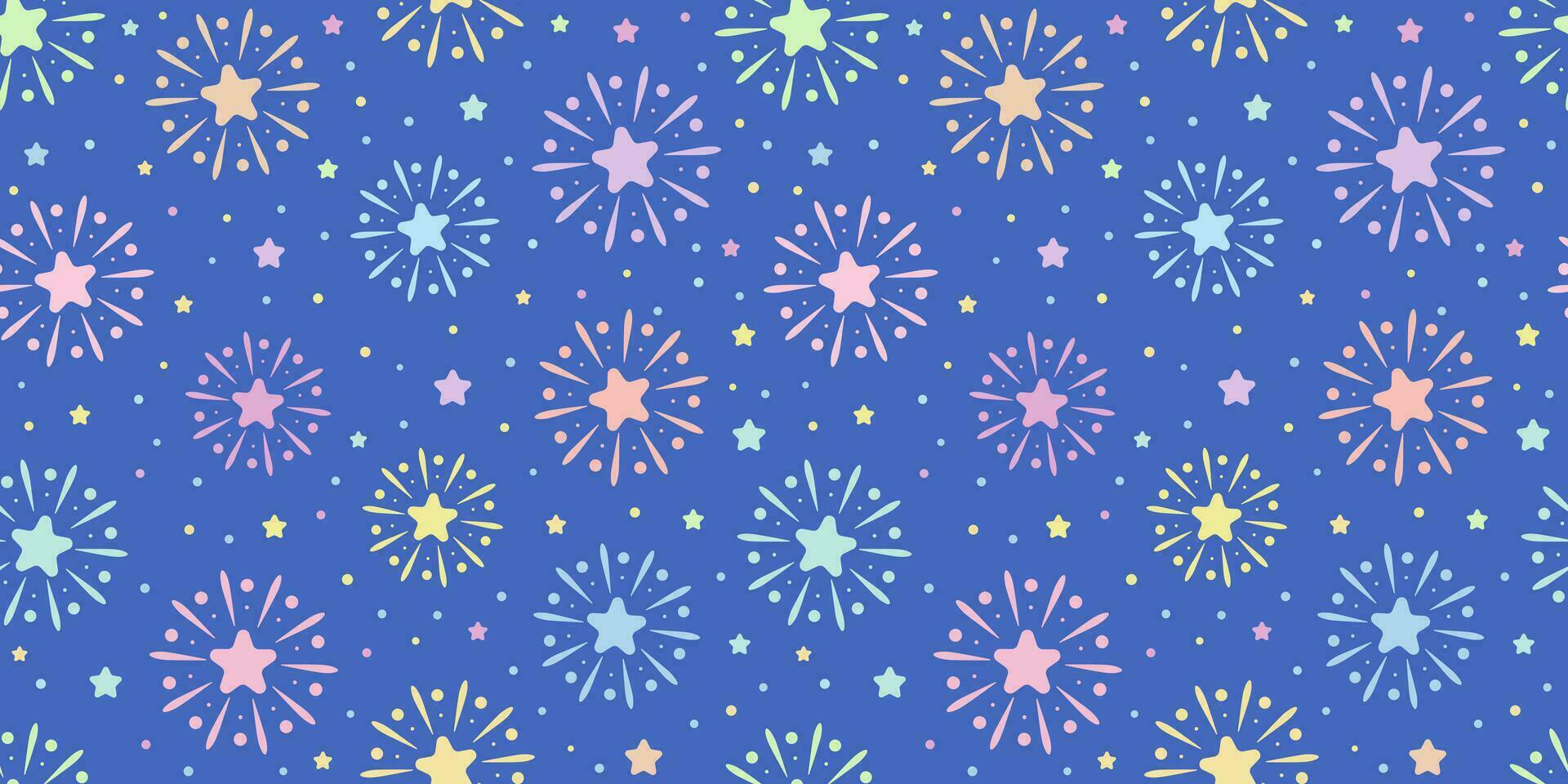 Cute firework vector background, holiday seamless repeat pattern for textile of wallpaper design, colorful banner illustration