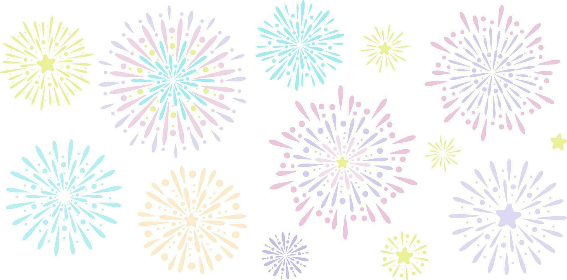 Colorful fireworks explosion, isolated vector clip art, new year background, cute sparks festive banner design