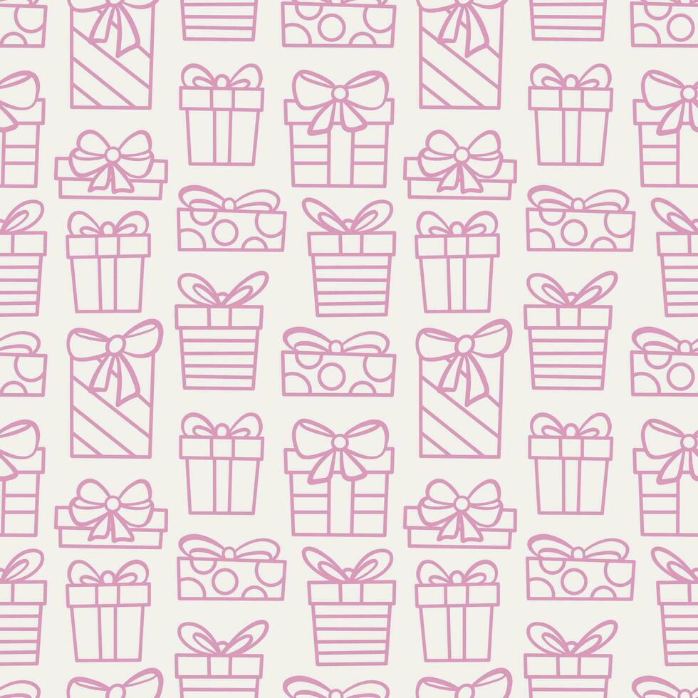 Cute hand drawn Christmas gift box vector repeat pattern in pink. Seamless repeating wallpaper or textile design, line art doodle background design.