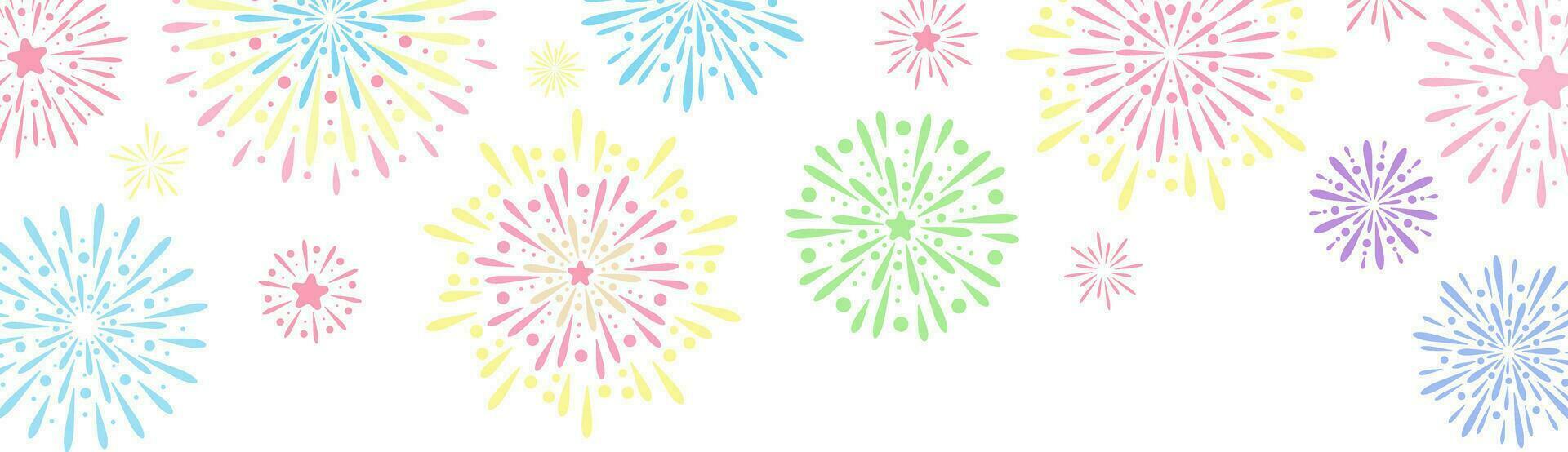 Colorful cute fireworks vector banner, festive clip art frame for greeting cards, holiday background