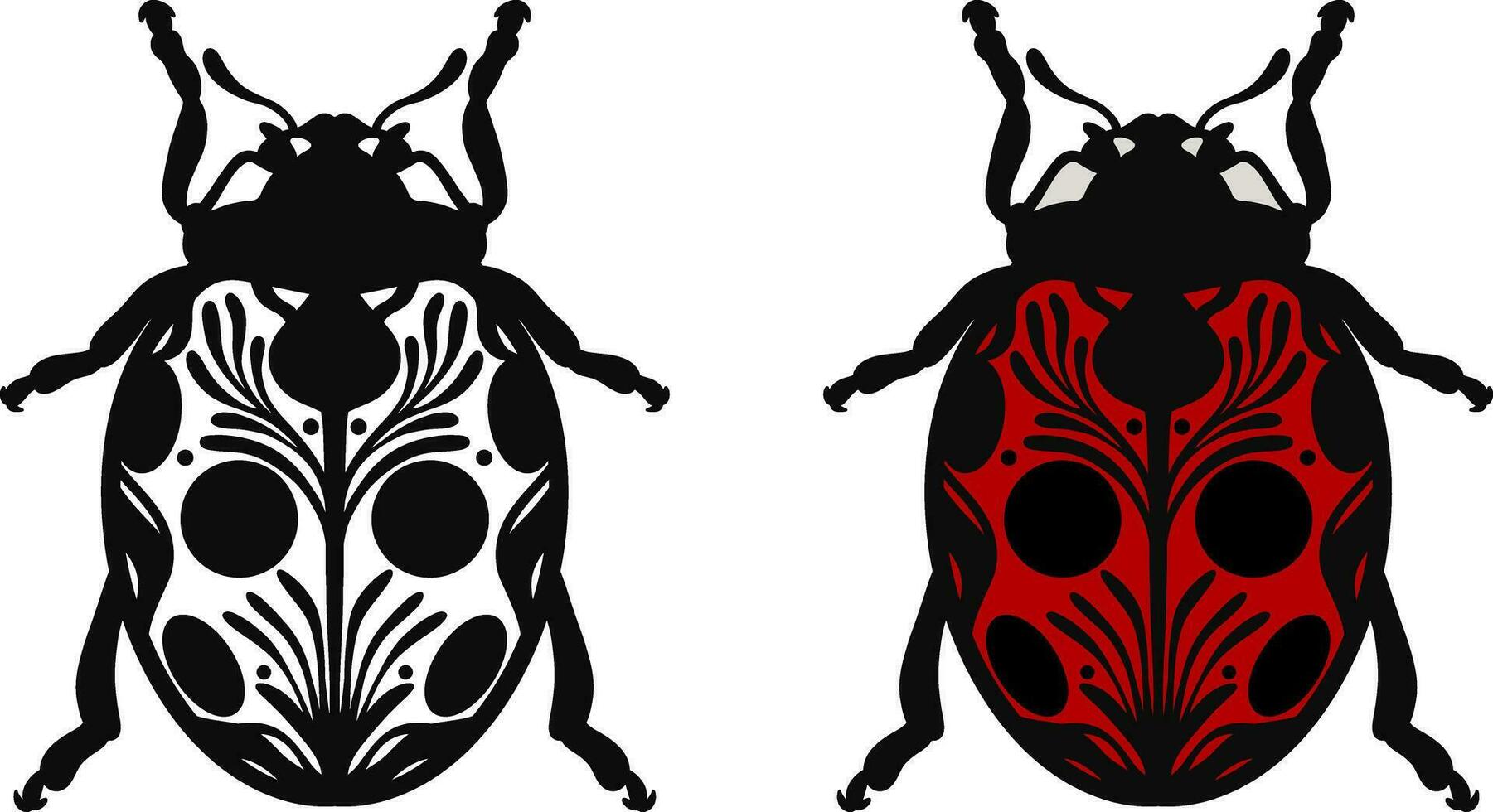 mariquita ilustración vector colocar, mano dibujado gente inspirado decorado escarabajo con puntos, rojo y negro línea Arte error diseño.