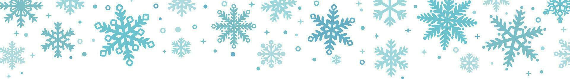 Snow fall greeting banner with blue hand drawn snow flake elements, vector border for the winter holidays, isolated clip art