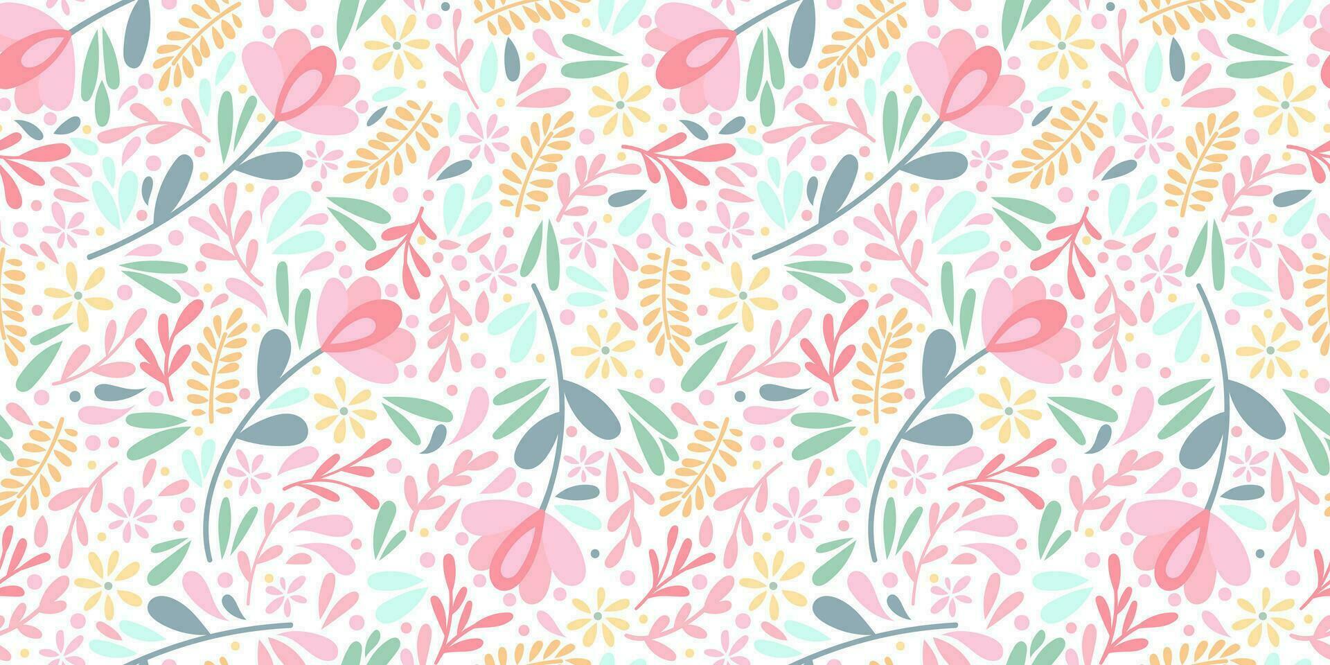 Cute ditsy floral vector pattern background for the spring with scattered flowers and leaves, colorful modern wallpaper