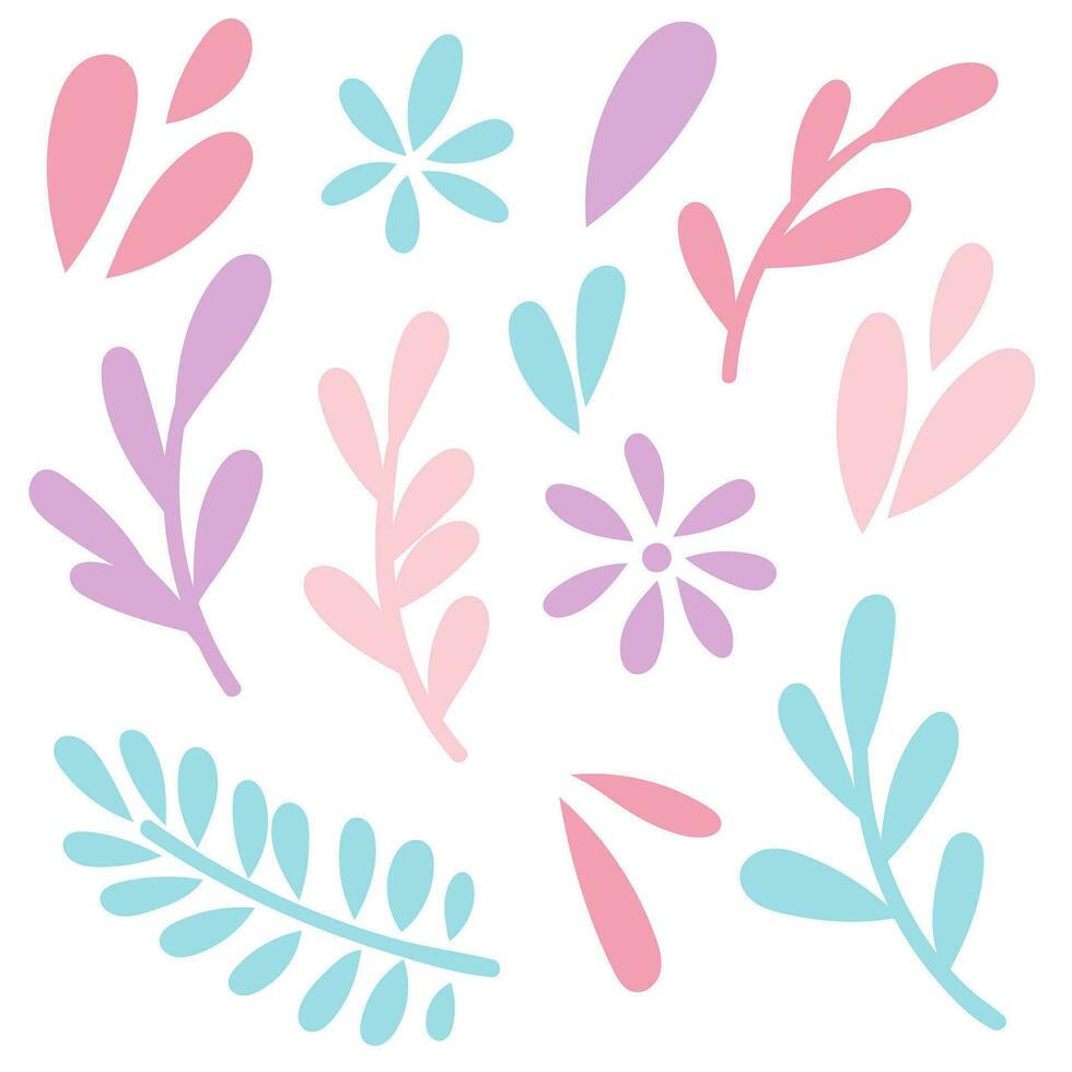 Pastel leaves, hand drawn nature doodles, flat vector graphic elements for the spring