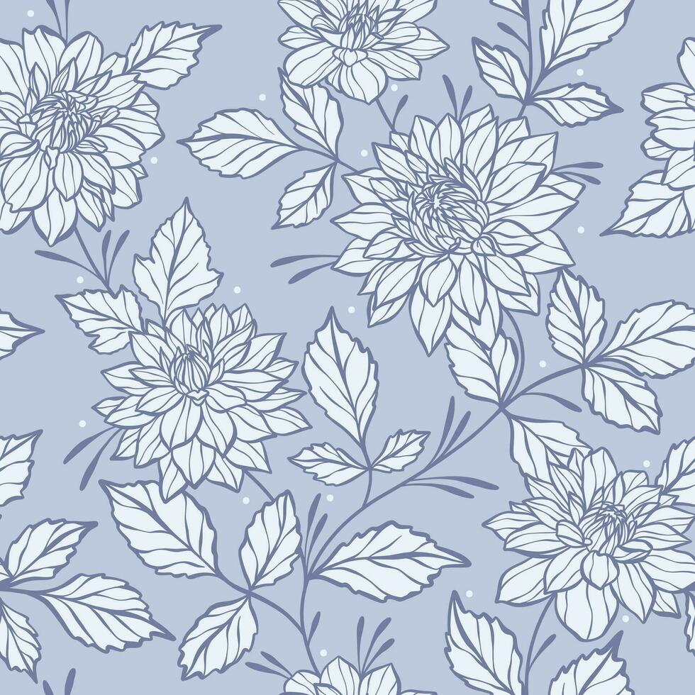 Elegant blue floral vector pattern with dahlia illustrations, flower background with a winter color theme. Large print vintage monochromatic botanical textile or wallpaper design, seamless repeat tile