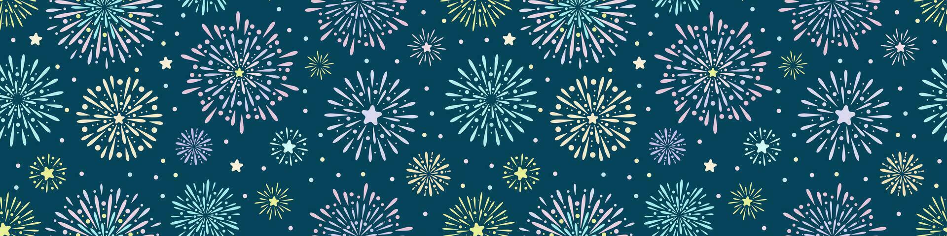 Fireworks vector banner, seamless repeating pattern, festive holiday background design