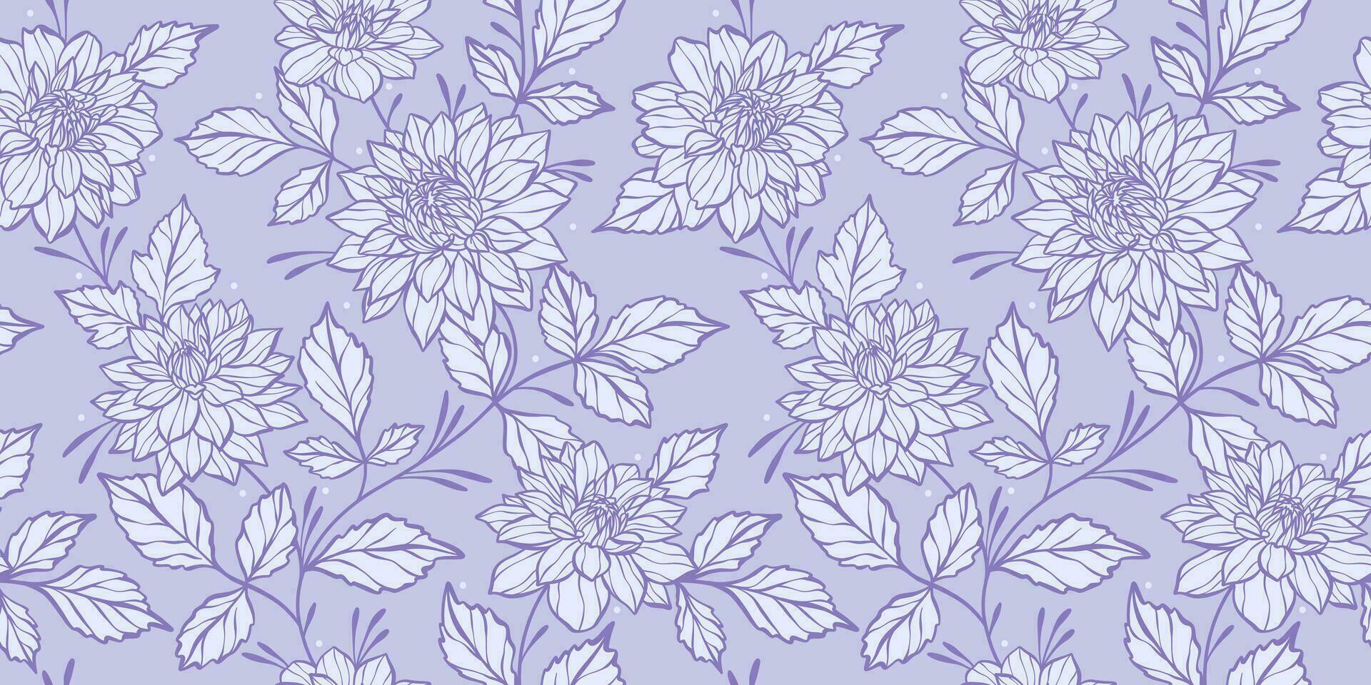 Elegant purple floral vector background with hand drawn dahlia flowers, monochromatic seamless repeat pattern, feminine detailed wallpaper for the spring or summer.