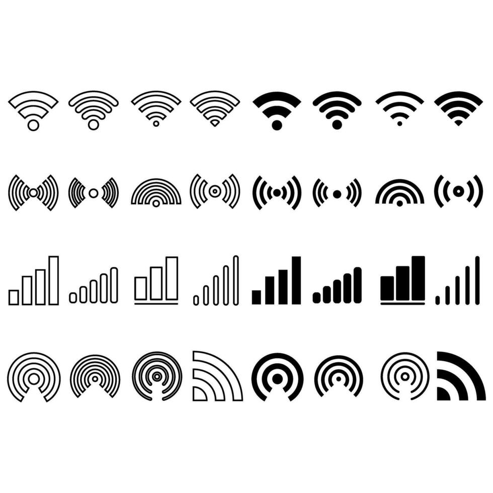 Signal set vector icons. Radio signals waves and light rays, radar, wifi, antenna and satellite signal symbols. Wireless technologys. Vector illustration.