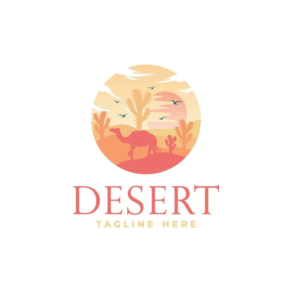 Desert logo design template with sunset and a silhouette of a camel. Vector illustration