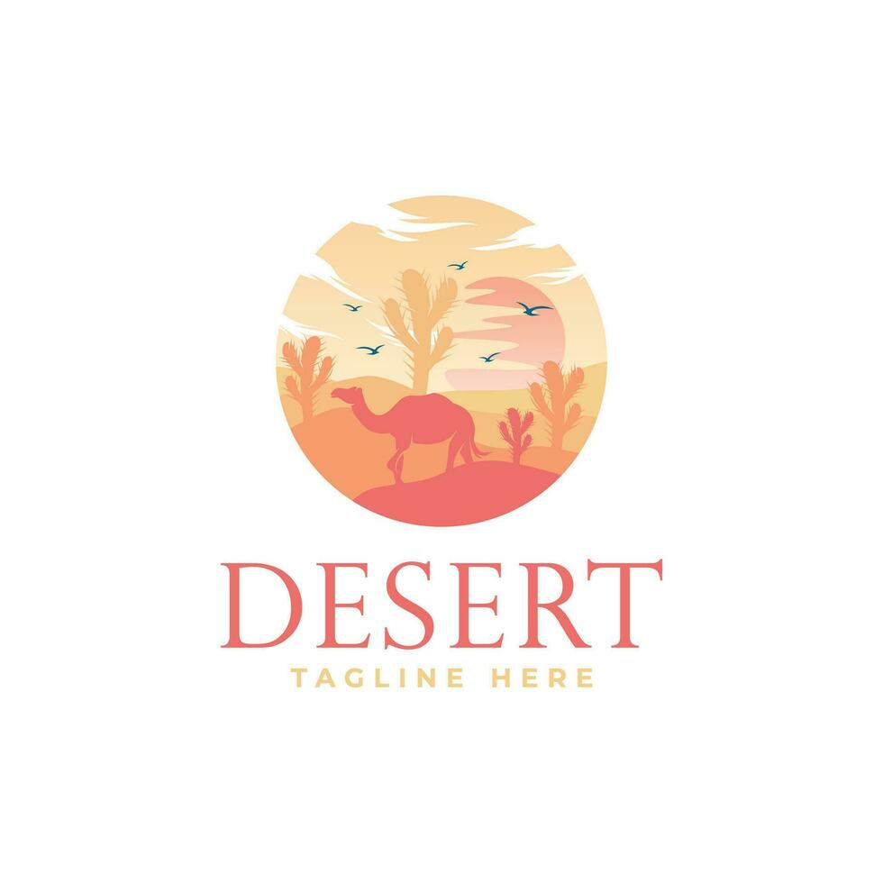 plantilla de diseño del logo del desierto con puesta de sol y una silueta de un camello. ilustración vectorial vector